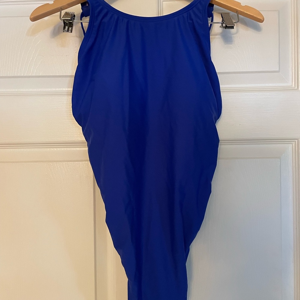 Women’s Size Large Strappy Blue One Piece Swim With Medium Seat Coverage NWT